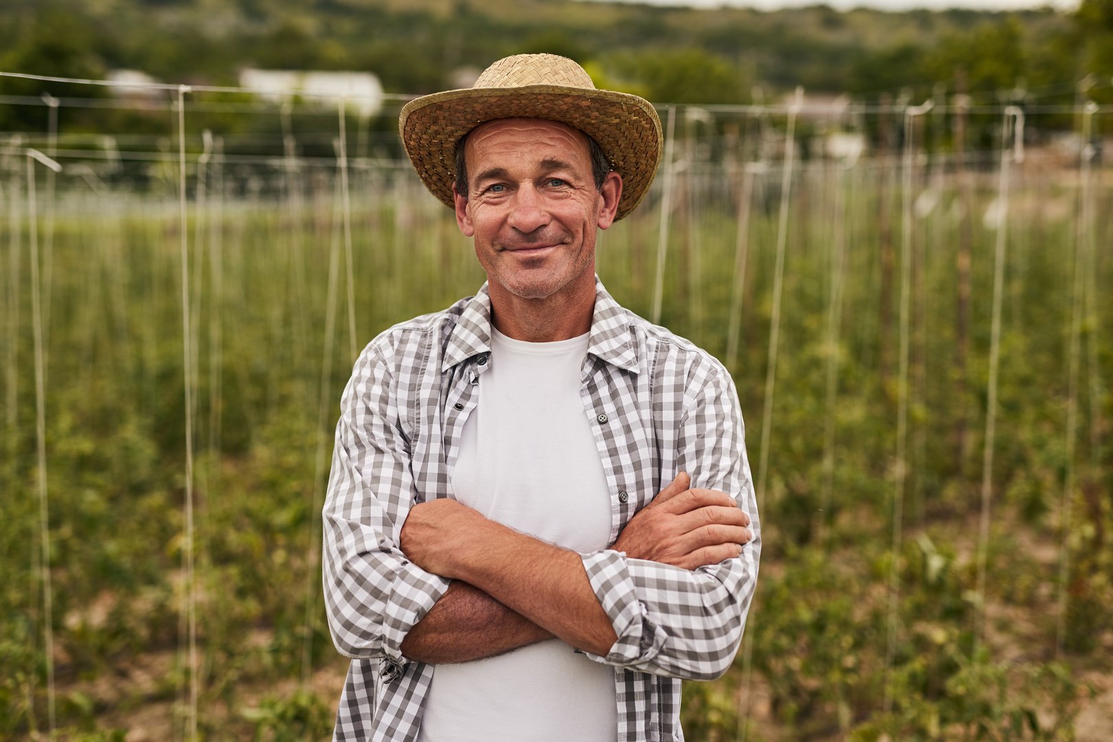 Smiling mature man in straw hat and plaid shirt folding arms while standing on own farm and looking at camera