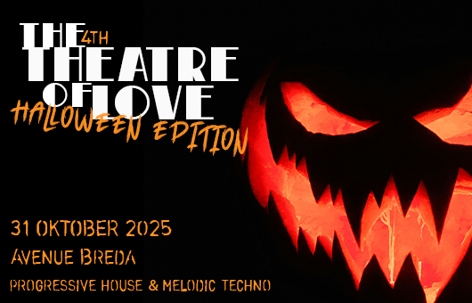 Halloween event poster with a glowing jack-o-lantern graphic. Text: Theatre of Love: Halloween Edition, 31 Oktober 2025, Avenue Breda.
