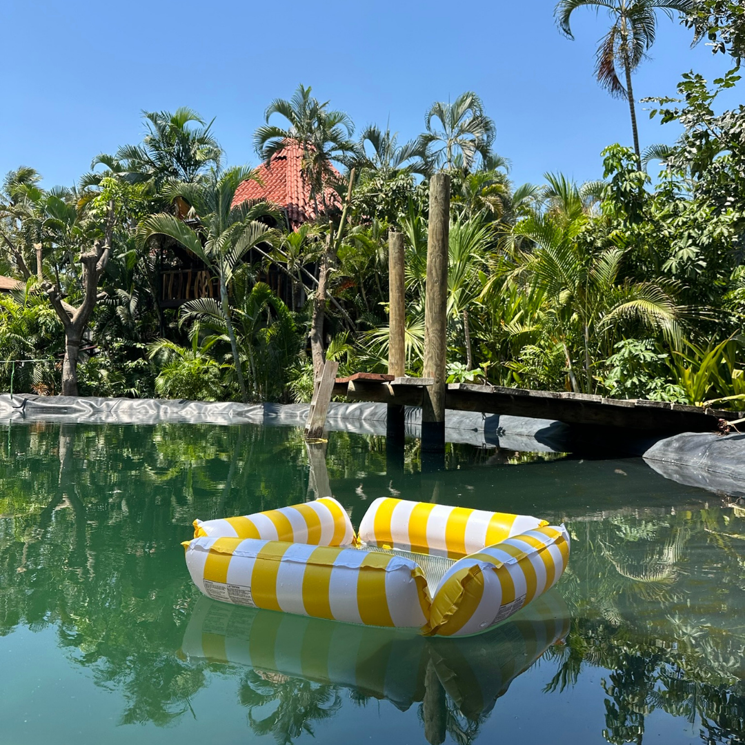 Inflatable yellow and white striped chair floating on a pool surrounded by lush tropical plants and a wooden bridge.