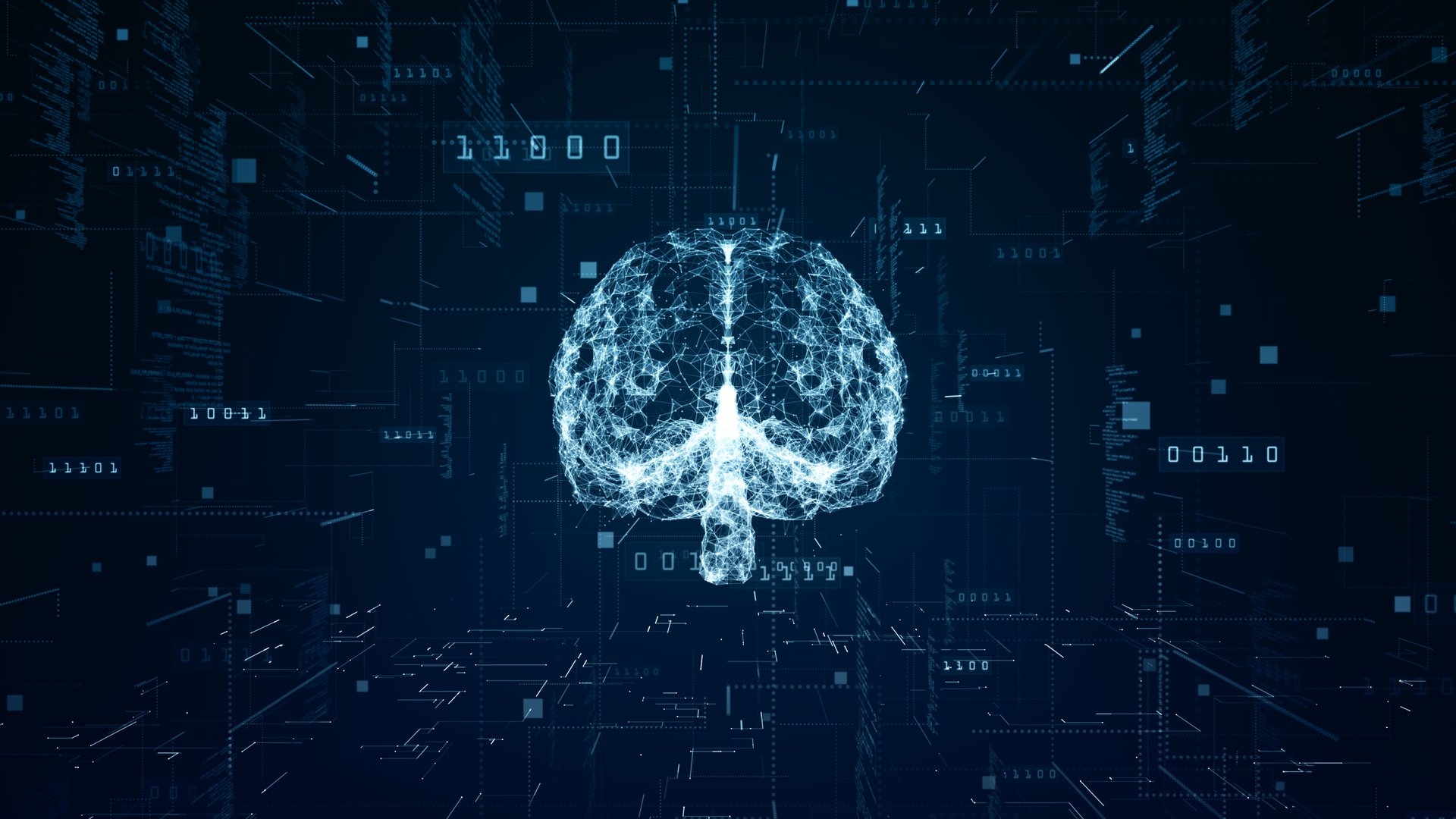 Futuristic AI Brain, Digital brain with neural connections, representing artificial intelligence, technology, and data networks on a dark futuristic background. 3D Rendering