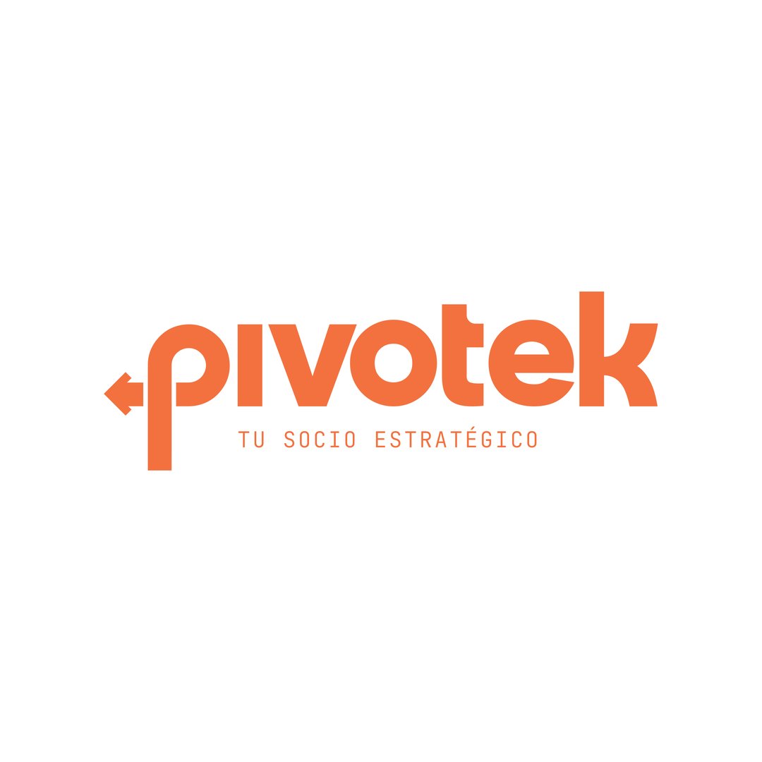 Logo with the word "Pivotek" in orange and an arrow, followed by "TU SOCIO ESTRATÉGICO" below in smaller text.