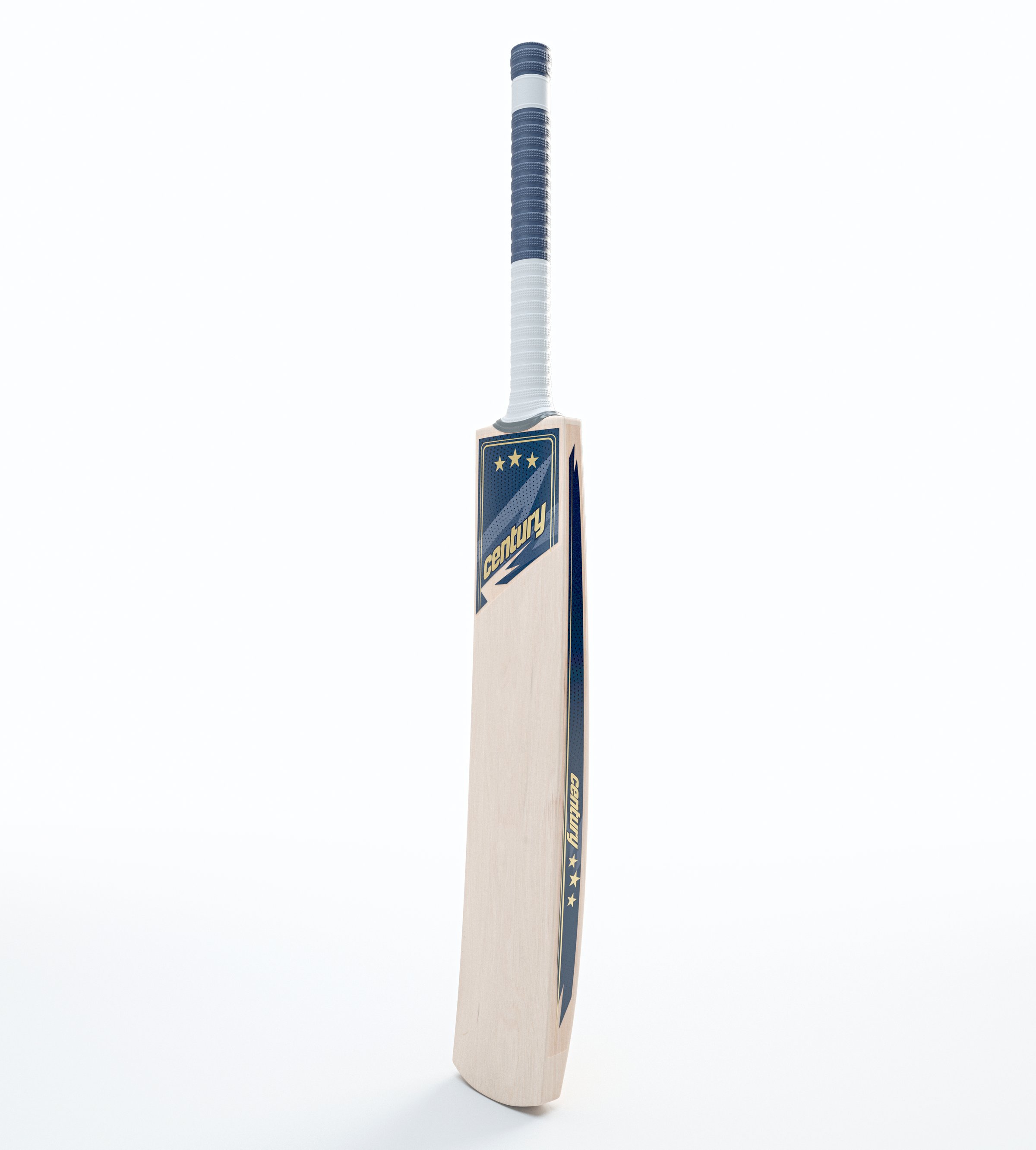 A modern wooden cricket bat with generic brand decals on an isolated white background - 3D render