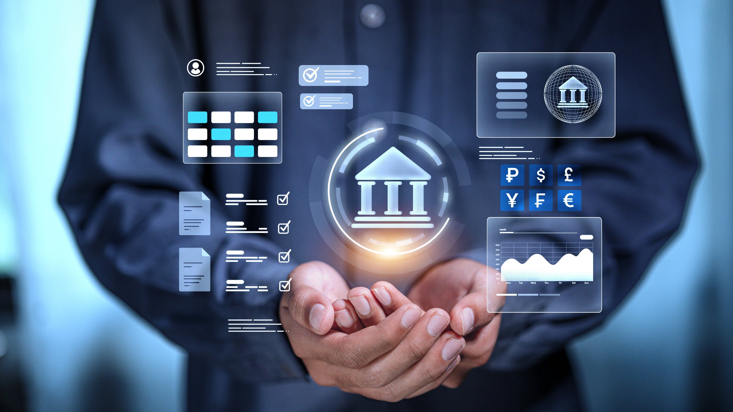 Hands holding glowing digital banking icon