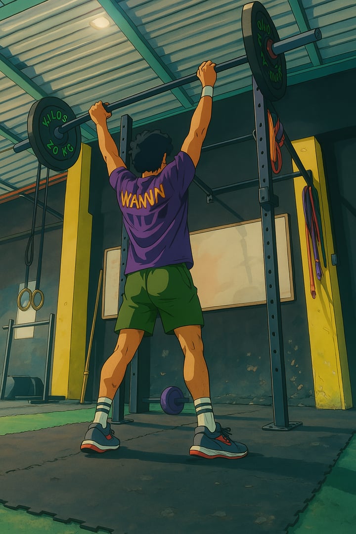 Person lifting weights in a gym, wearing a purple shirt and green shorts. Barbell rack and kettlebell in the background.