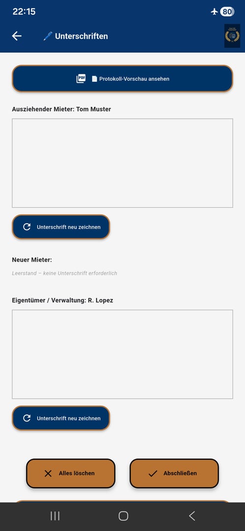 Wohnungsprotokoll App Screenshot - Unterschriftenseite