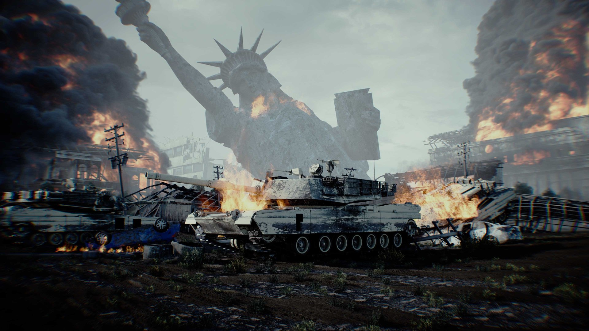 American burning battle tank. apocalyptic. burning city Moscow. Armageddon. 3d rendering