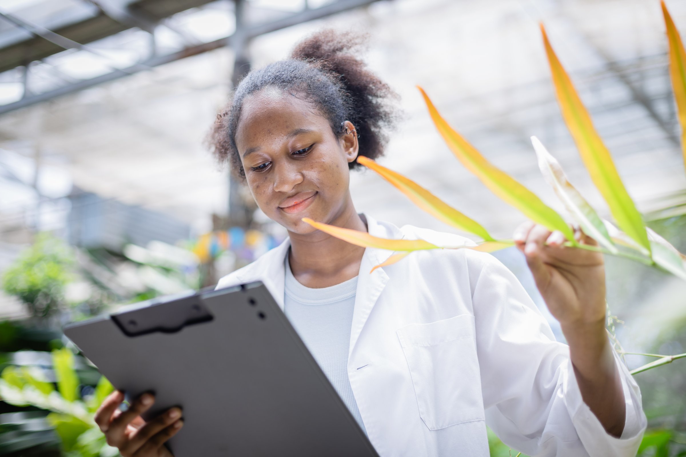 A young scientist in white coat is conducting agricultural research in farm environment while examining plant and taking notes with clipboard, dedication and focus