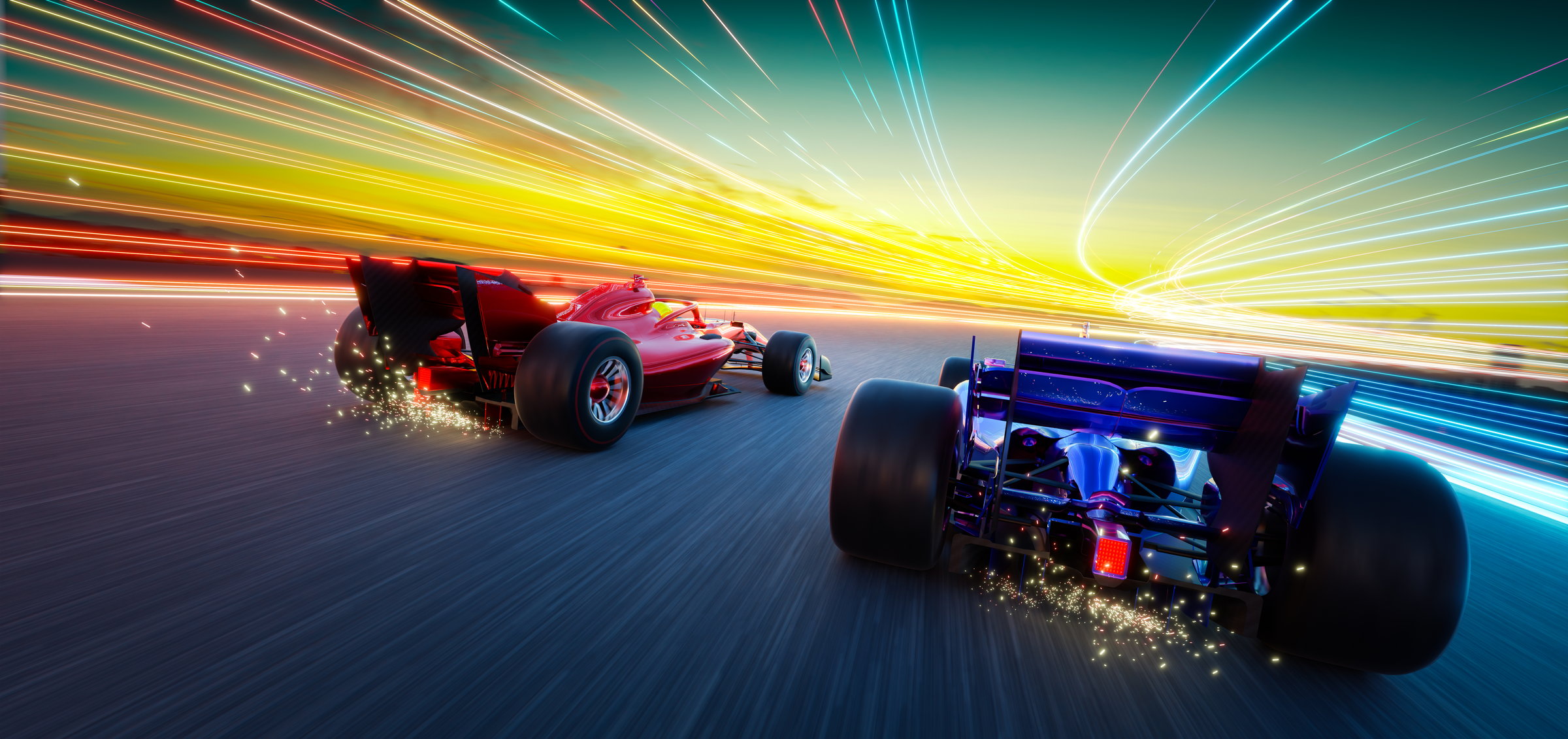 Two racing cars competing on a track with motion blur and light trails at sunset. 3d rendering