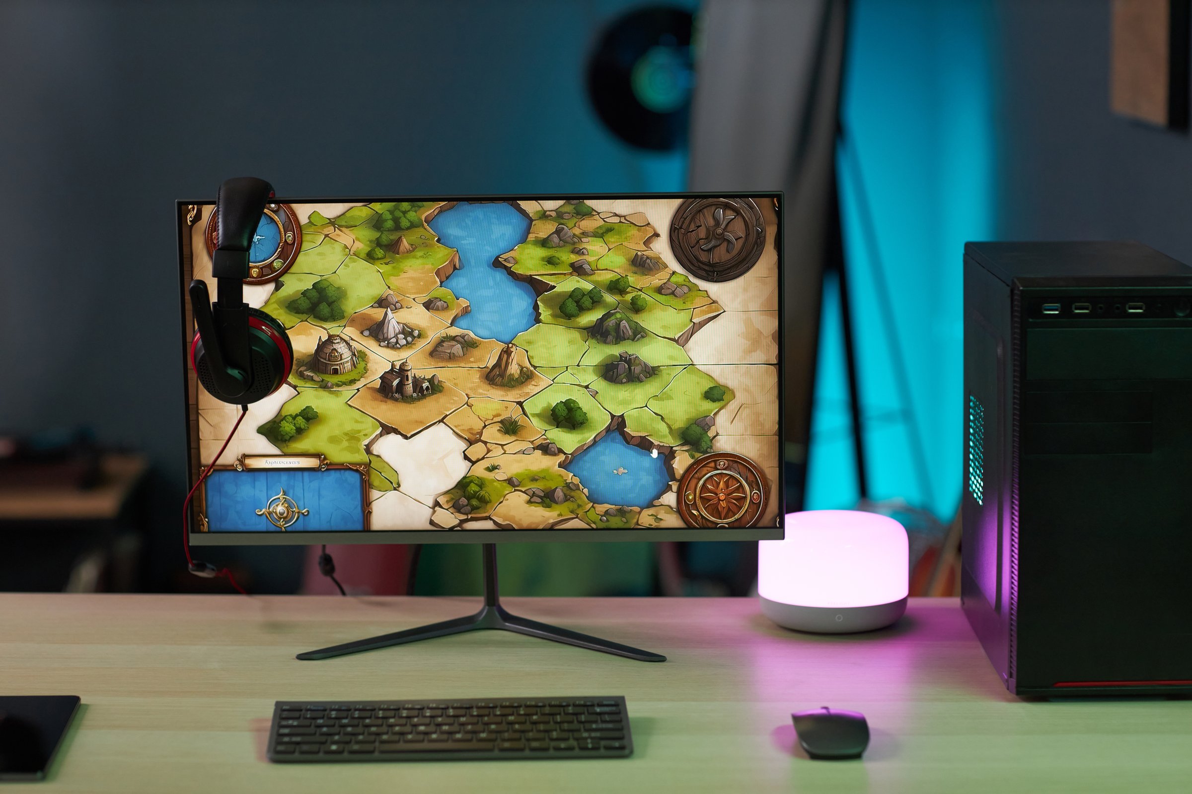 Computer with video game on monitor standing on table in dark room