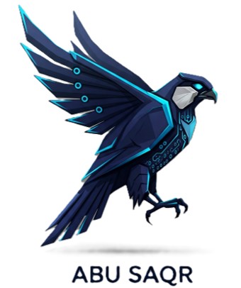 Stylized blue falcon with geometric patterns and glowing details, labeled Abu Saqr, in a digital art style.