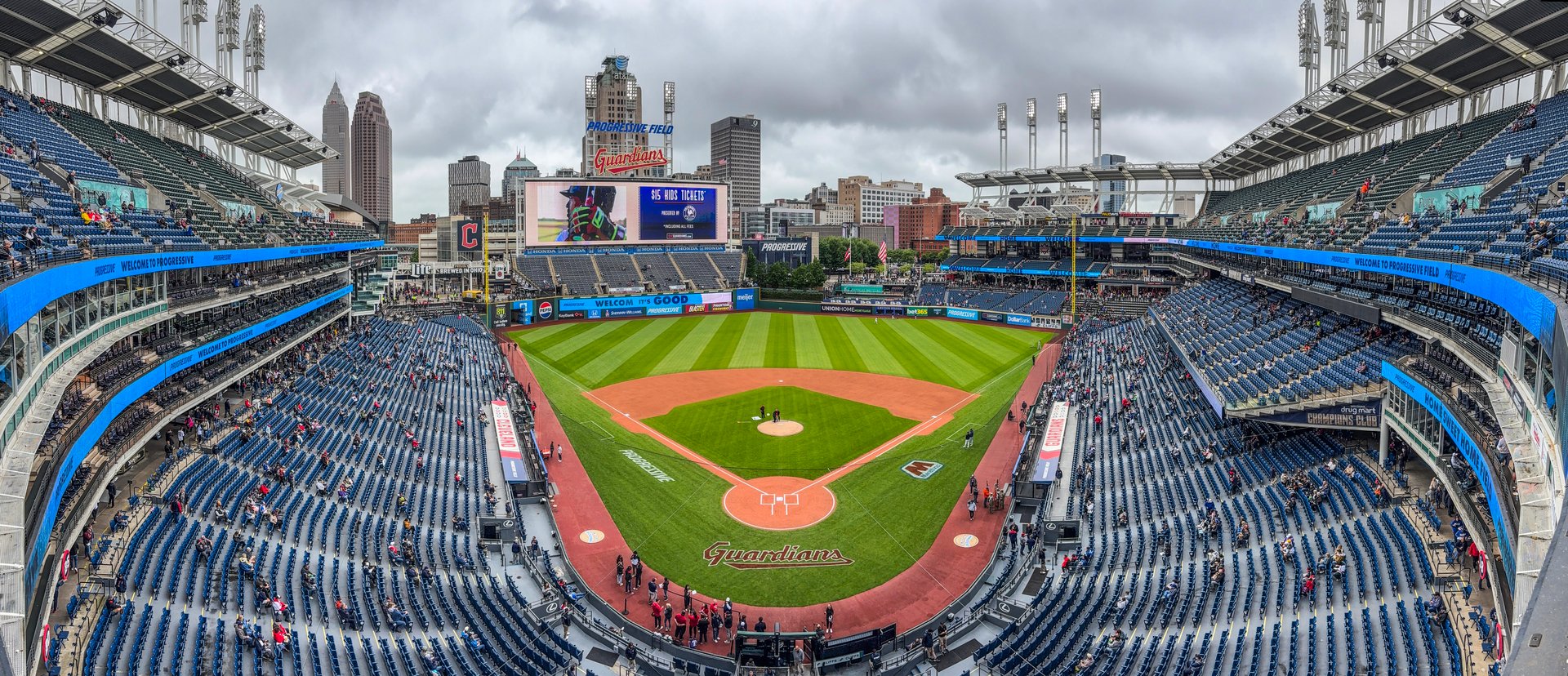 Cleveland - May 28, 2025: Progressive Field panorama, home of the Cleveland Guardians. Progressive Field has been MLB home to the Guardians since 1994.