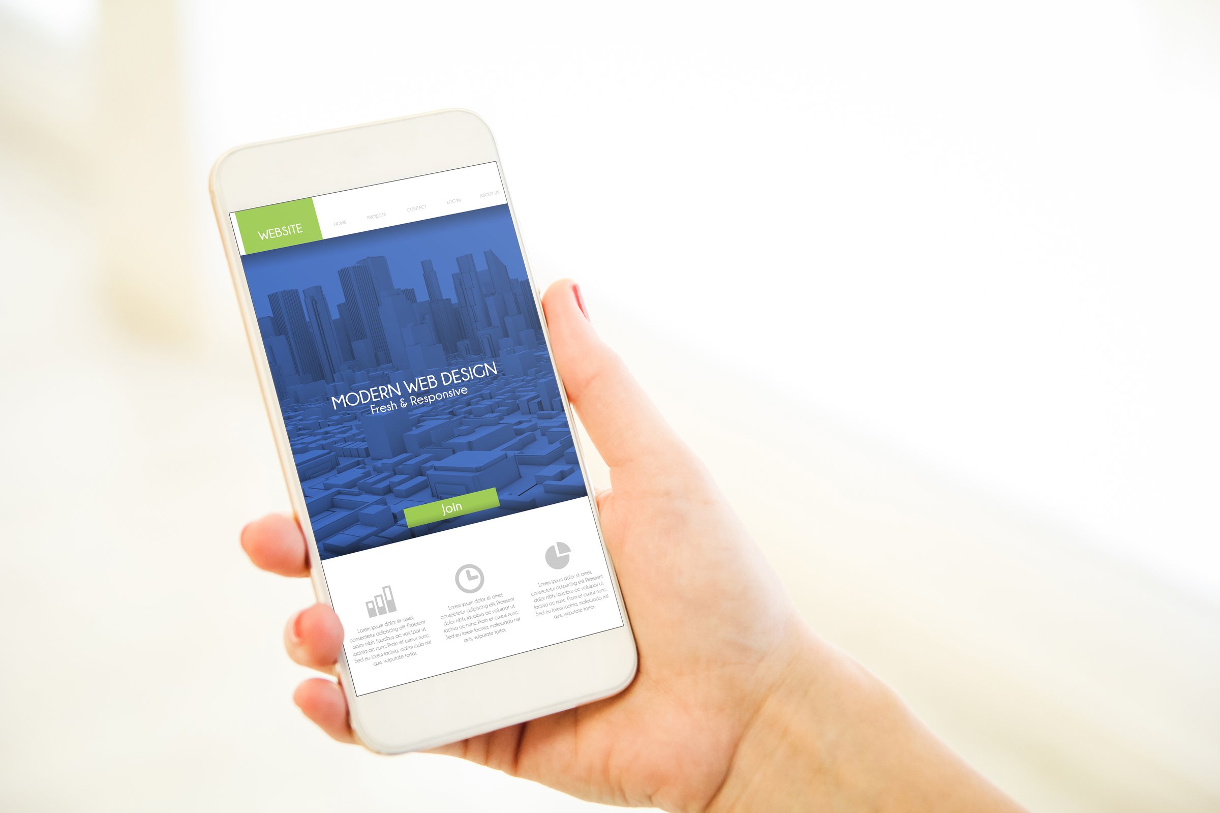 Woman holding a pink gold generic smartphone showing modern web design