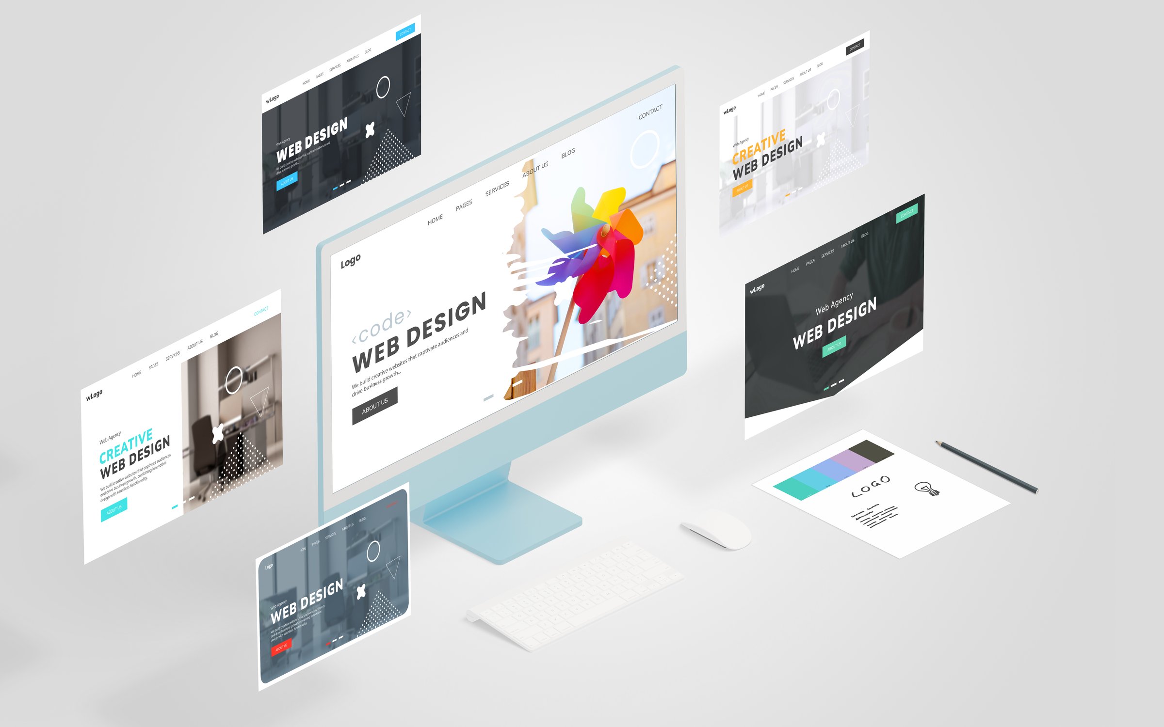 Display featuring a conceptual web design page with similar pages floating around, showcasing the power of a web design studio. Presented in an isometric view for dynamic visual appeal