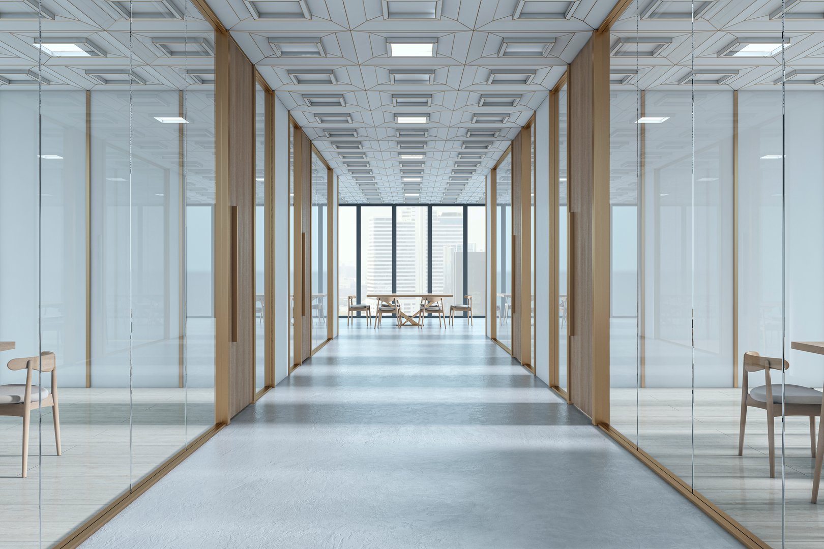 Bright office hallway with glass partitions, wooden frames, geometric ceiling on concrete floor, modern architecture workspace concept, 3D Rendering