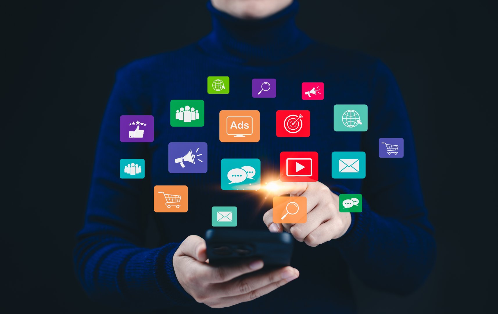Woman using smartphone with digital marketing icons