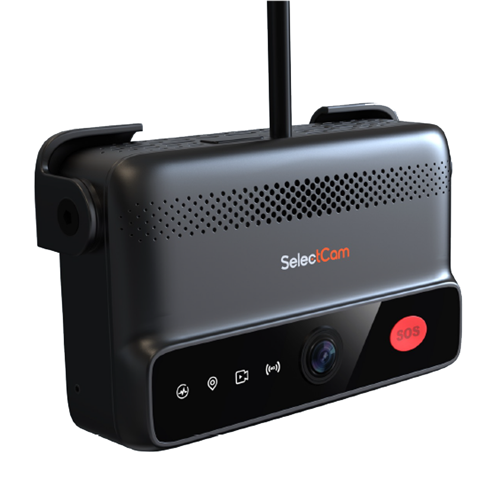 Black SelectCam dash cam with SOS button, perforated design, and camera lens.