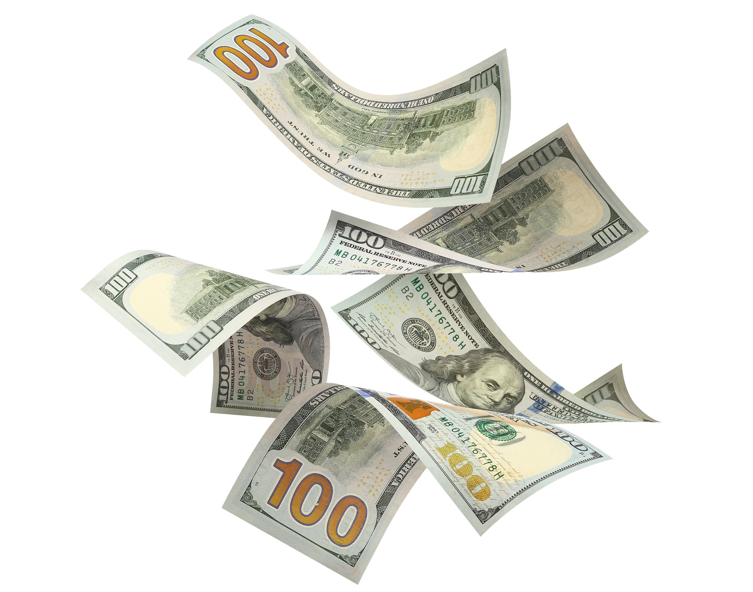 Flying 100 American dollars banknotes, isolated on white background