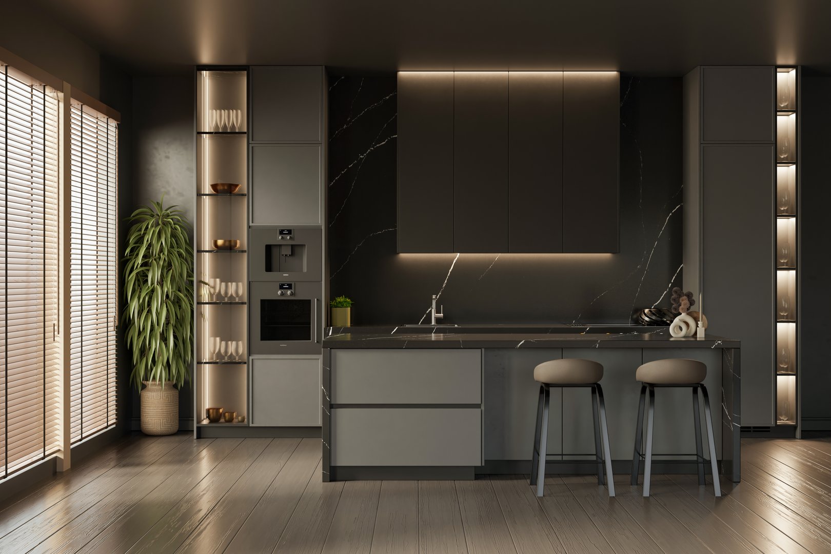 Modern dark kitchen interior with island and bar stools- 3D rendering