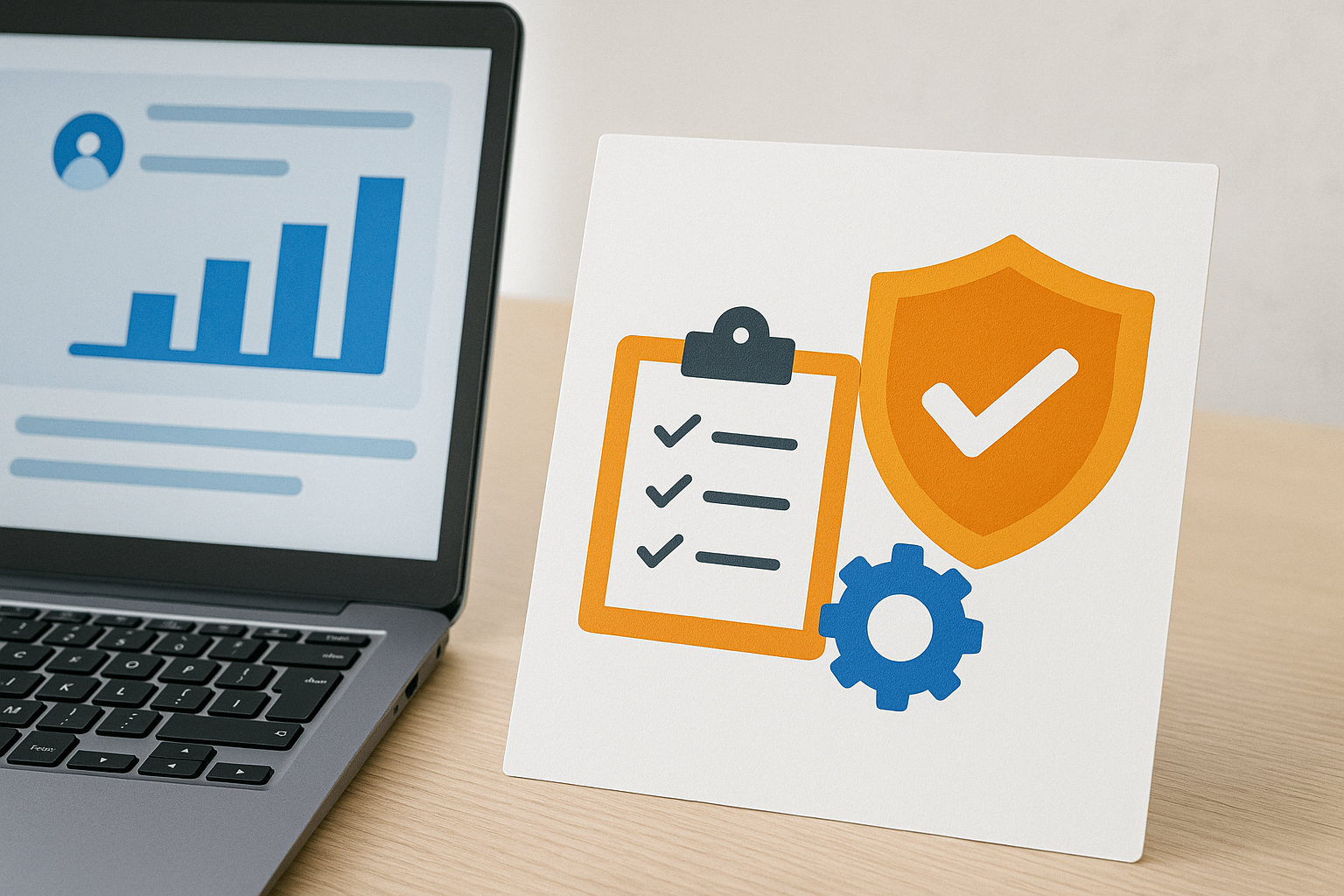 Computer screen with chart next to a paper showing a checklist, shield with checkmark, and gear icon.