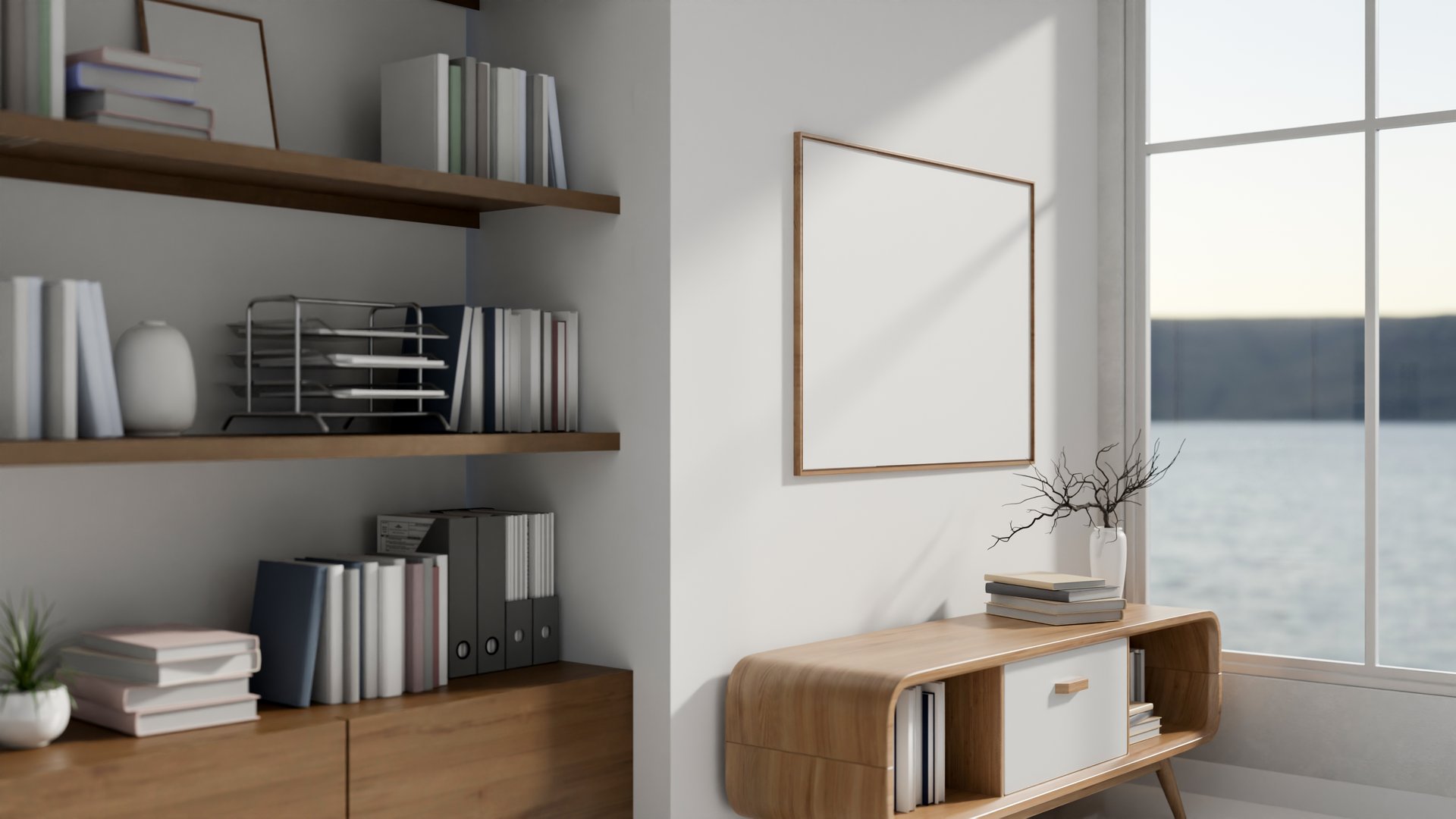 Modern minimalist room with wooden cabinet and bookshelf