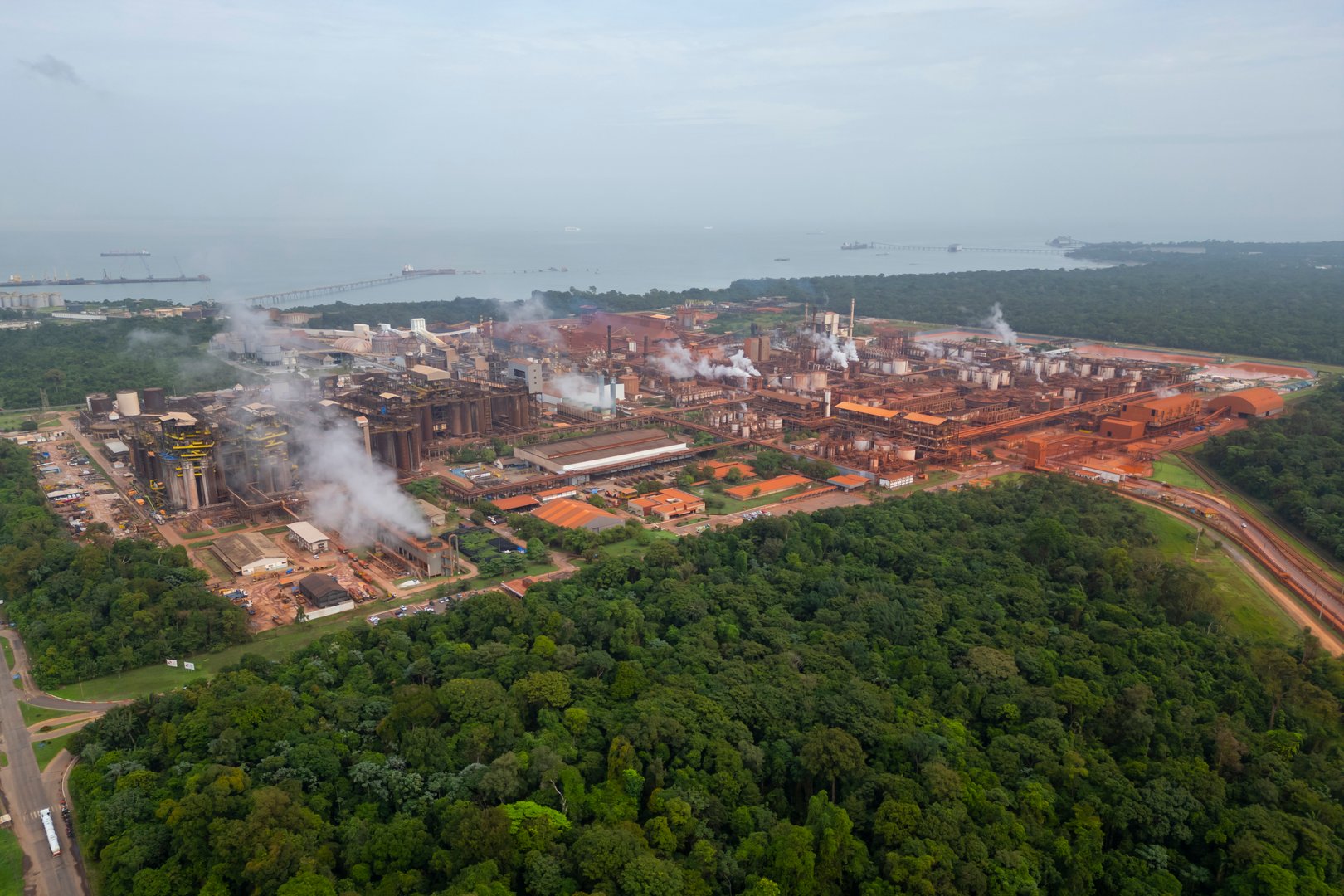 Barcarena, Para, Brazil - Feb 12, 2024: Aerial view of Hydro Alunorte, a world-renowned alumina refinery. Alumina is the raw material for aluminum and is produced from bauxite ore