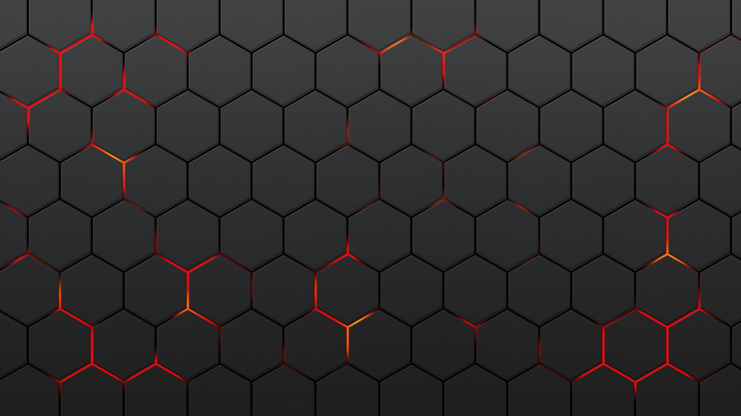 black hexagons with red glow. Black background of honeycombs and red lava. Pattern of geometric figure. Background of figures with six sides of red-hot magma. Grid sestet. Wall polygon.