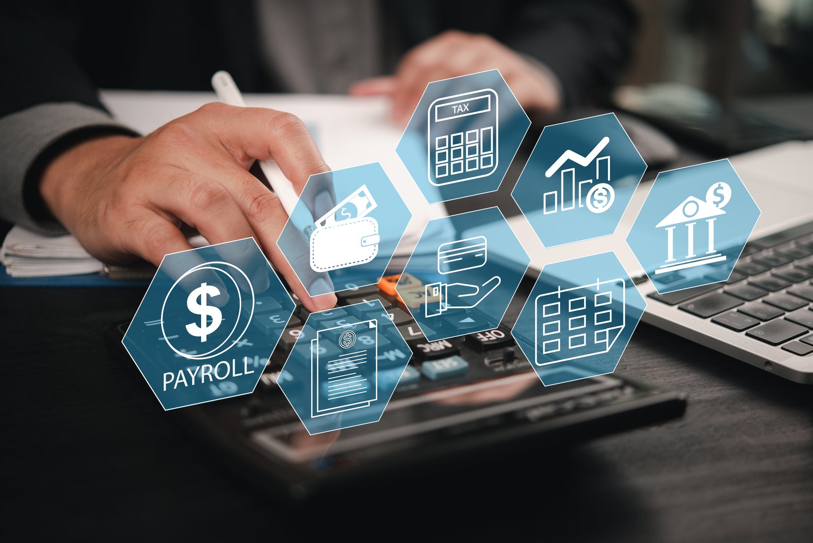 businessman working on payroll management with digital icons showing financial documents, tax filing, and payment systems, optimizing finance workflow for businesses.