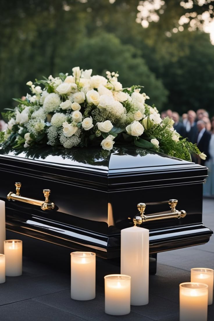 Black casket adorned with white flower arrangement, surrounded by lit candles, in an outdoor setting.