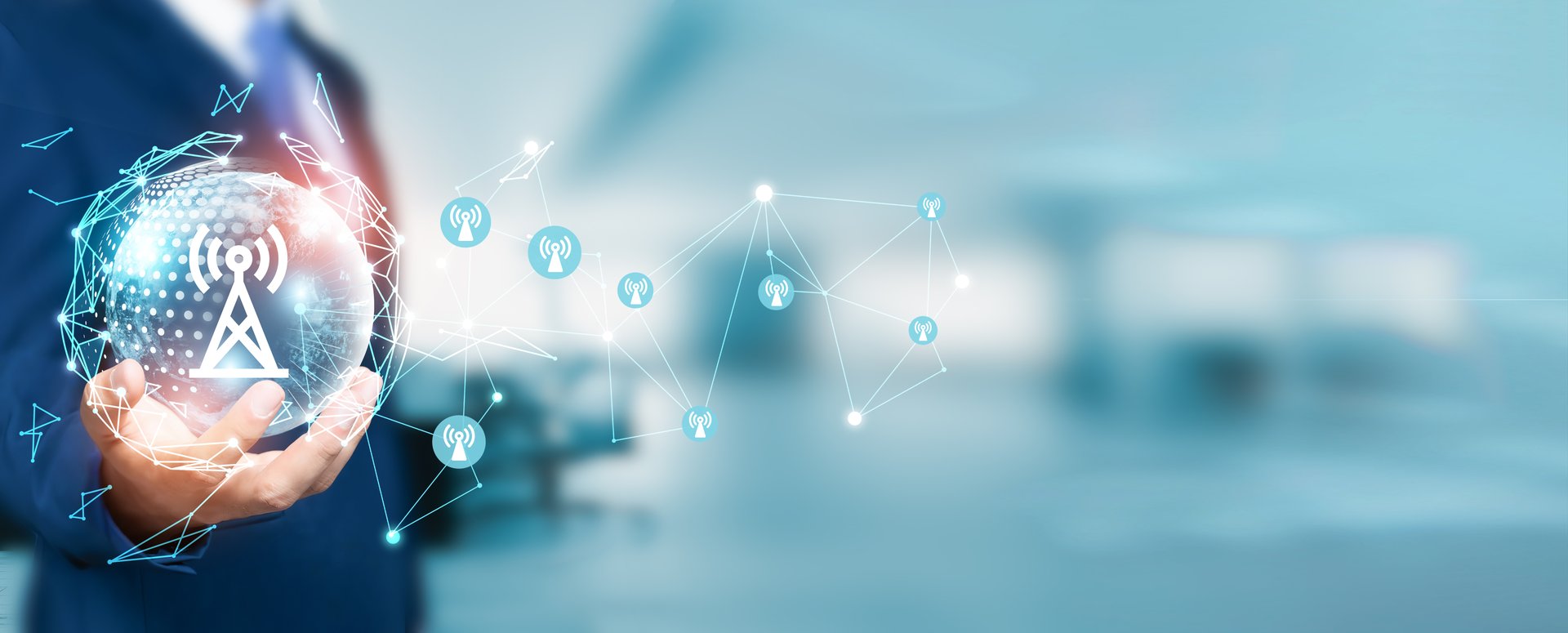 Businessman hold circle of network structure in the telecommunications concept. Connectivity and data flow network. High-speed communication network