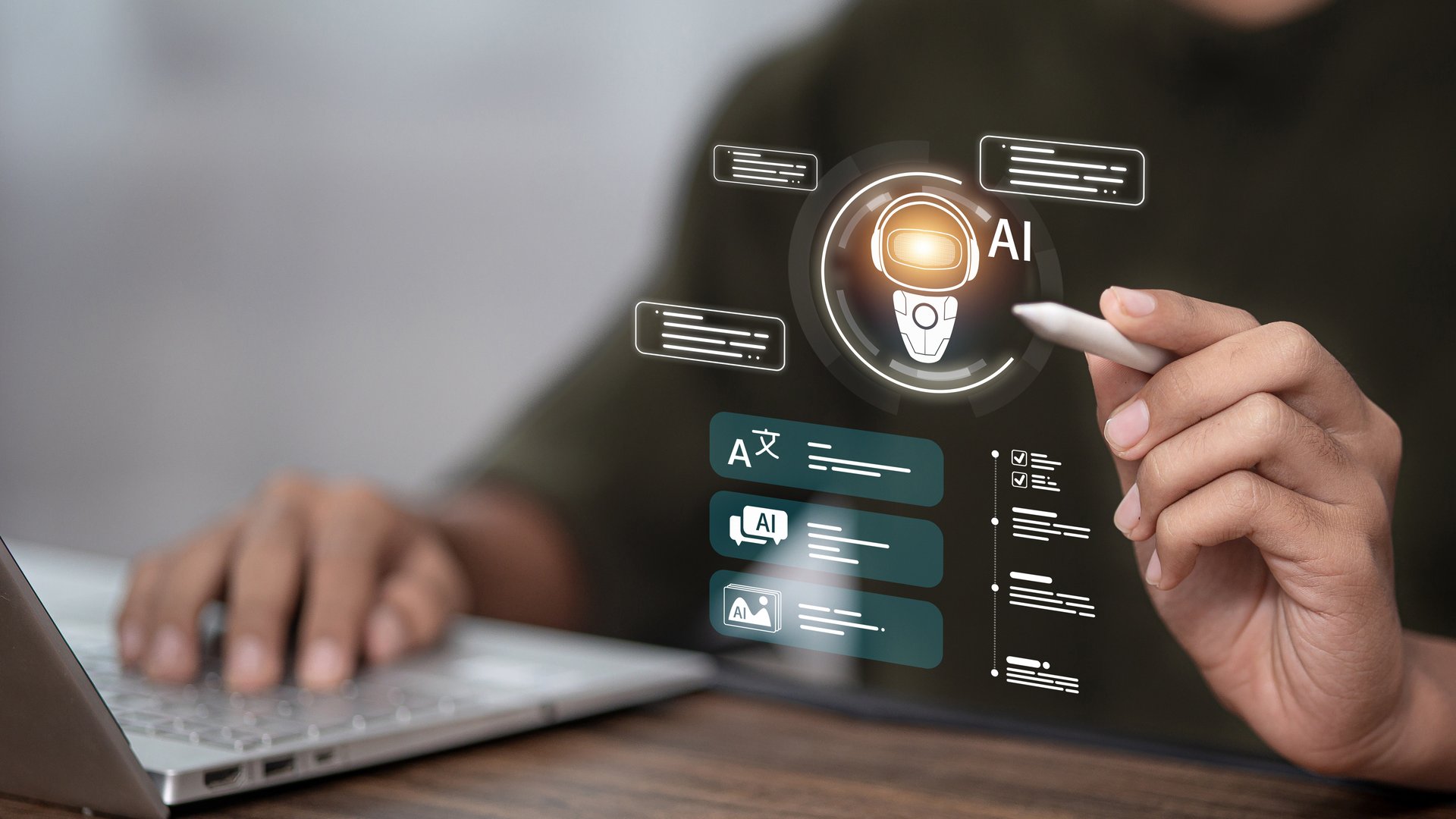 Person using laptop and stylus with AI interface, representing artificial intelligence, automation, and digital productivity in modern technology.