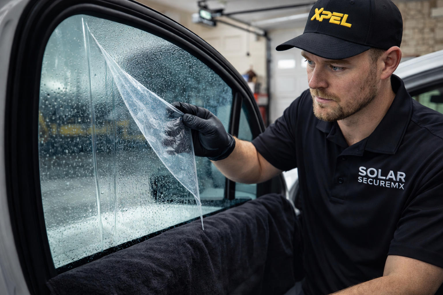 Man applying window tint to a car door, using a yellow tool, wearing black gloves and a dark polo shirt in a workshop.