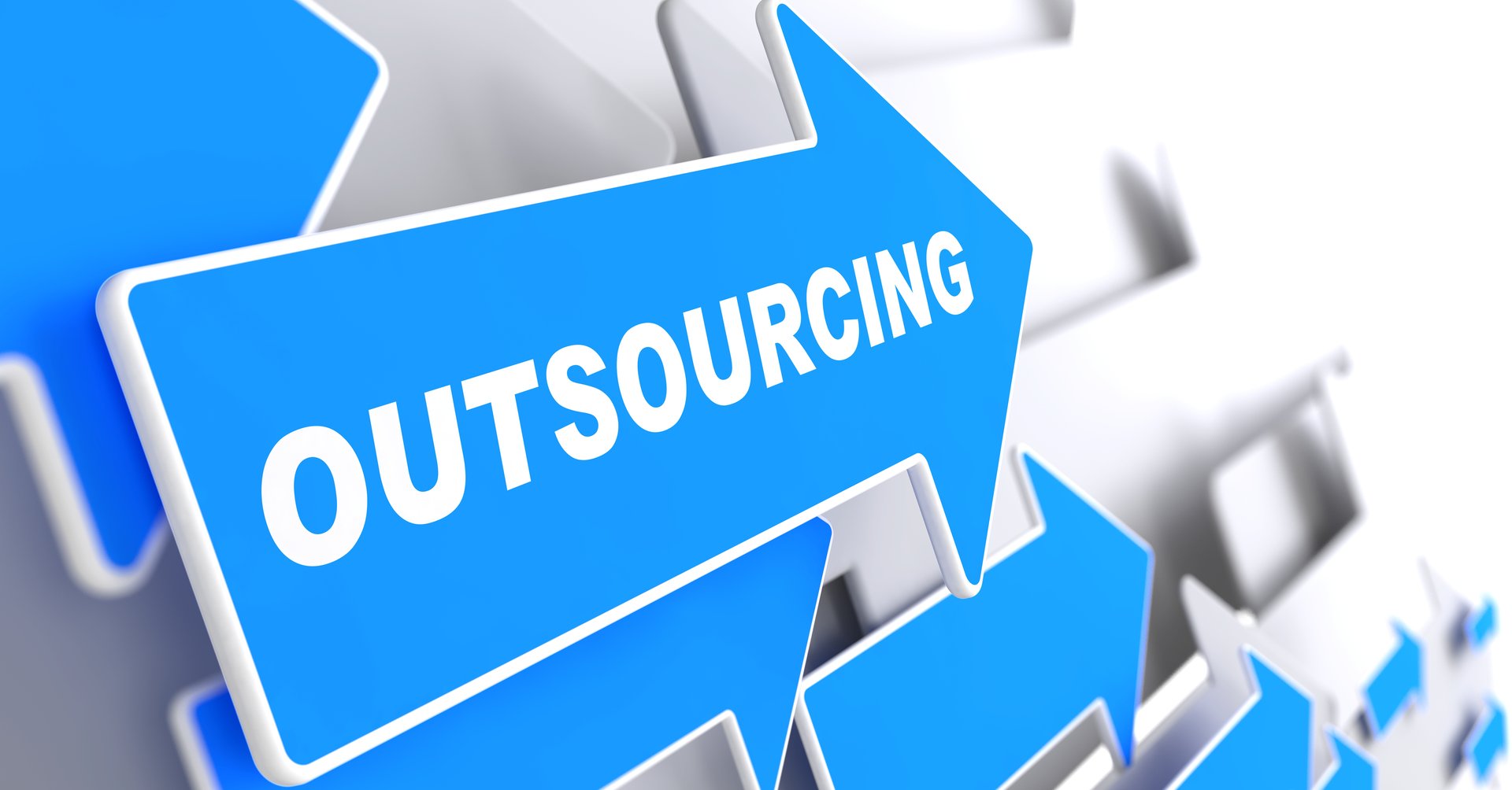 Outsourcing - Business Background. Blue Arrow with "Outsourcing" Slogan on a Grey Background. 3D Render.