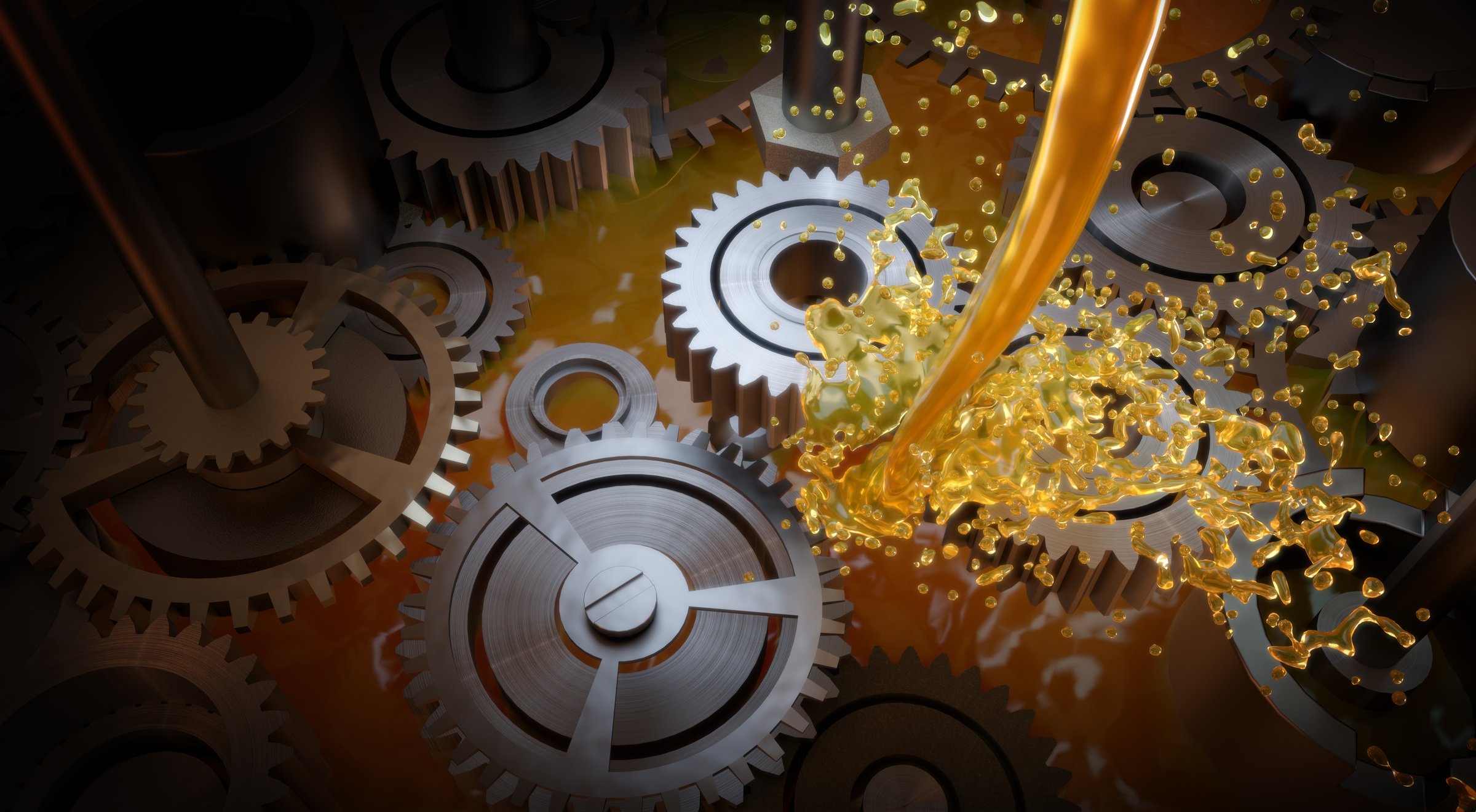 Automotive, Oil wave splashing on gears, Concept of lubricate motor oil and gears for engine, 3D rendering.