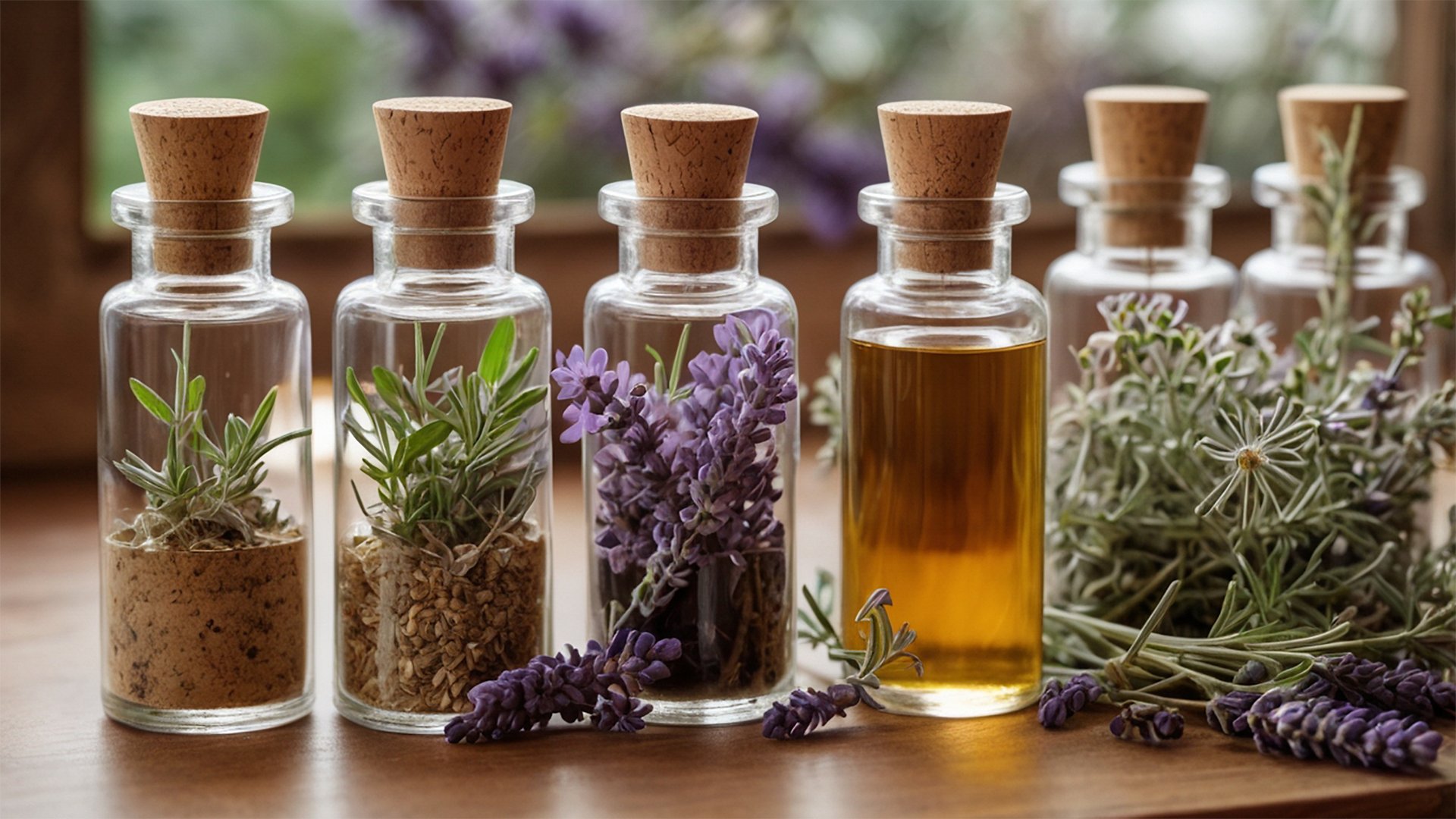 This image showcases a collection of glass bottles with cork stoppers, each containing various herbs and flowers, suggesting essential oils or botanical infusions