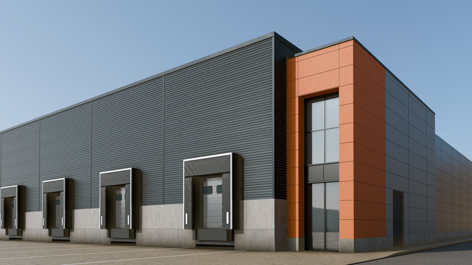 Modern Industrial Warehouse with Loading Docks and Orange Office Facade - Logistics and Distribution Center Exterior, 3D Render