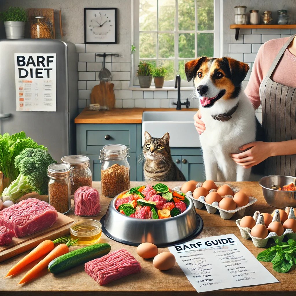 Person with a dog and cat in a kitchen with raw meat, vegetables, and eggs, promoting a BARF diet for pets.