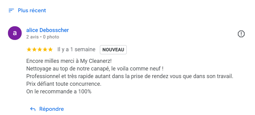 Avis client Google - Service de nettoyage professionnel