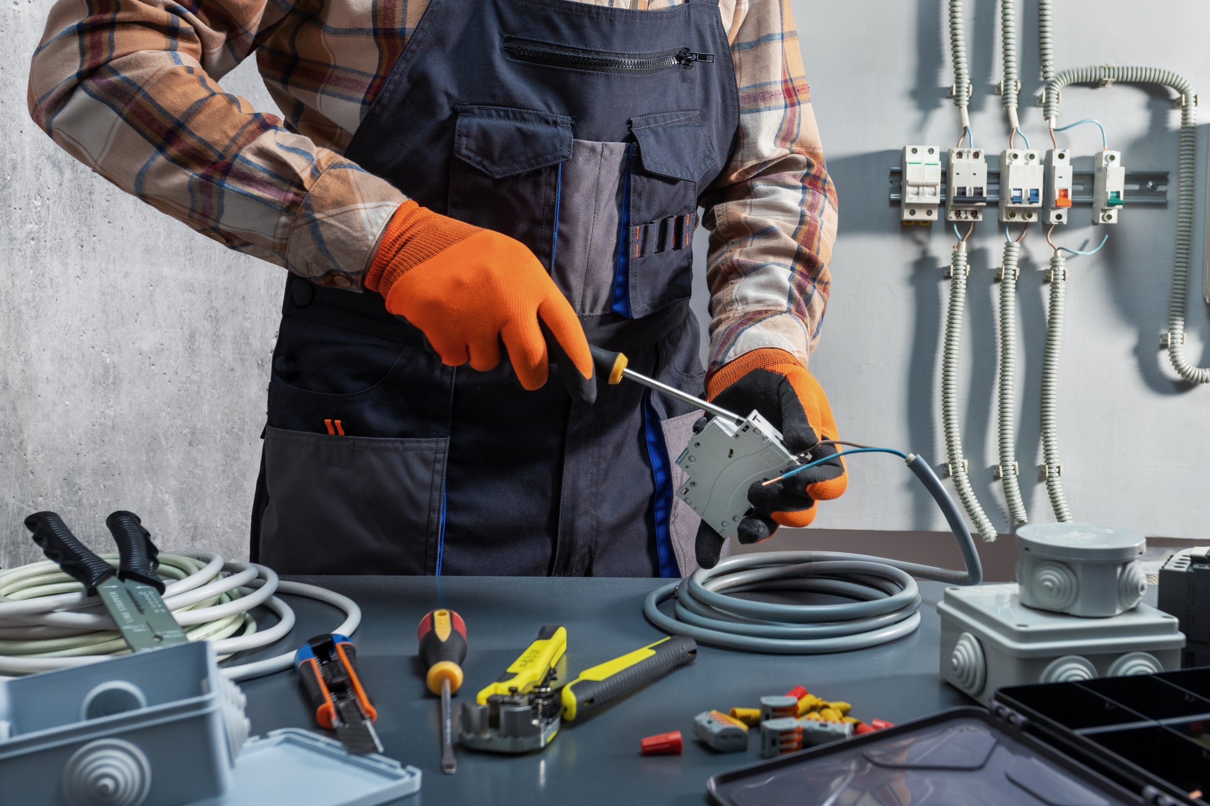 Three-step business process: Contact Us, Get an Estimate, and We Get to Work, with electrical panel installation photo