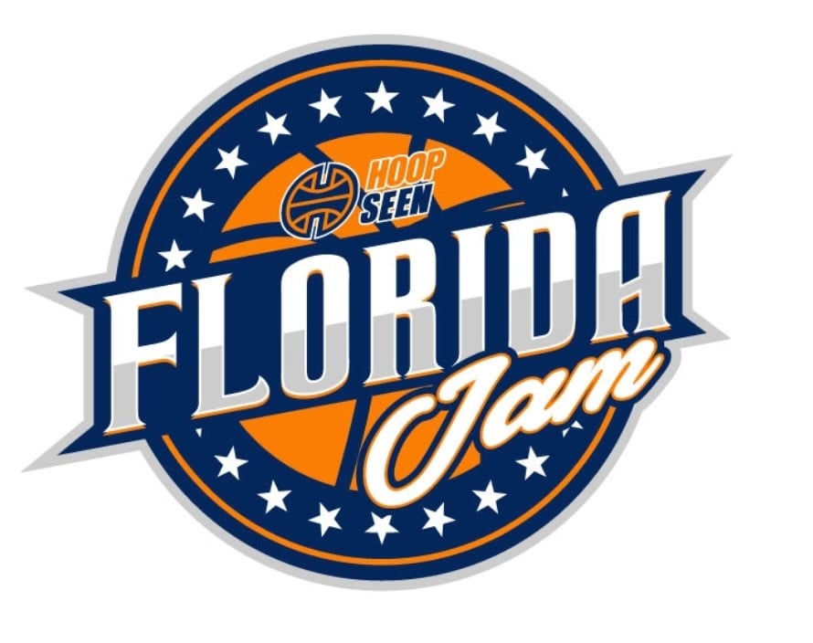 Logo for Hoop Seen Florida Jam featuring a basketball with stars and bold lettering in blue and orange.