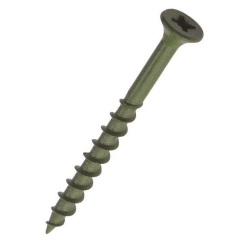 Close-up of a green Phillips head screw with a flat top and spiral threads, angled slightly against a white background.