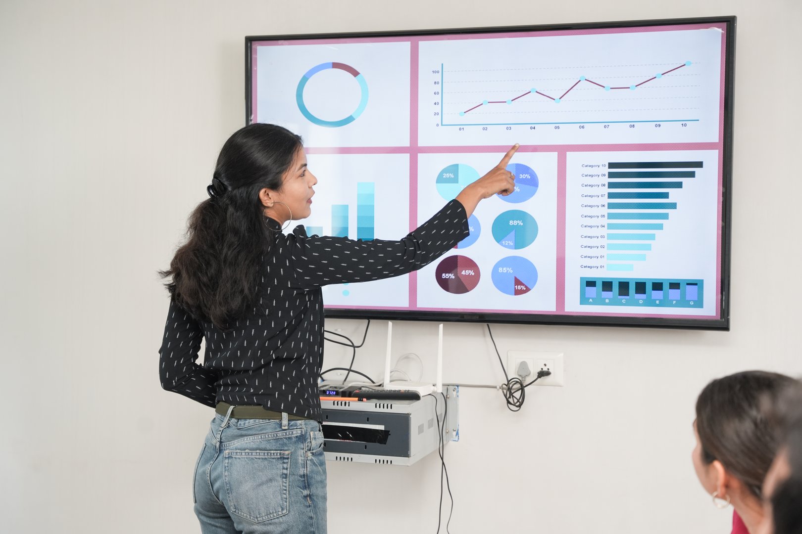 Young indian woman uses tv screen with with Data, Statistics, graph charts, to show company growth to other employees. Start up, sales, revenue, analysis and Strategy concept.