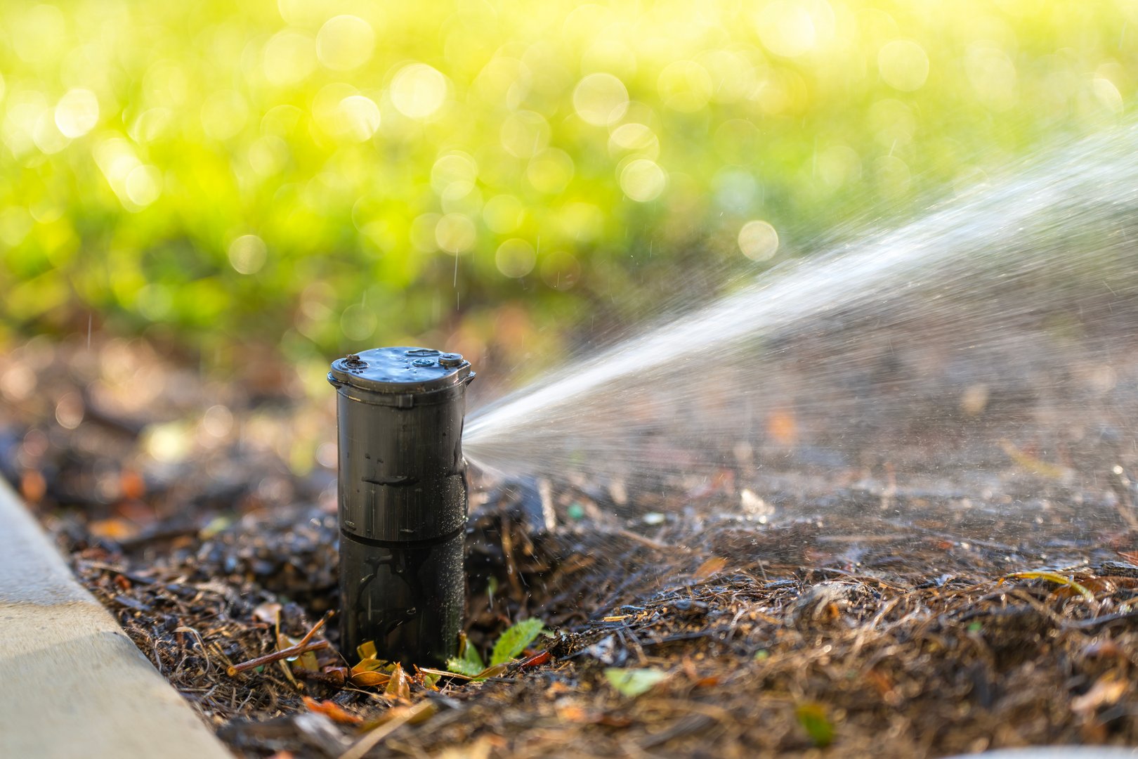 Lawn grass watering with automated sprinkler. Keeping green backyard during dry season.