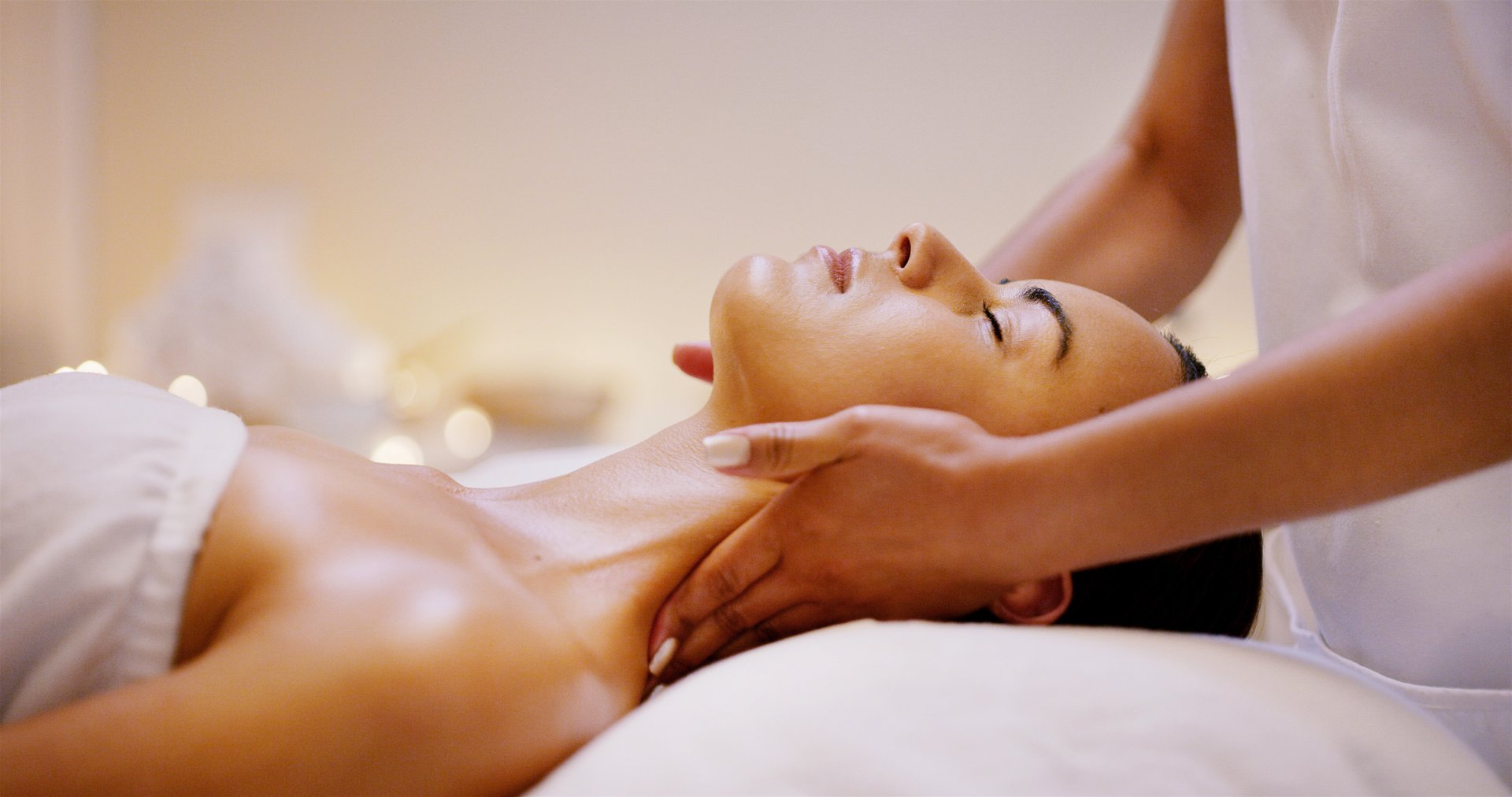 Hands, neck massage and woman with zen, skin and holistic spa center for wellness and health. Masseuse, peace of mind or stress relief with self care, healing and relaxation with physical therapy