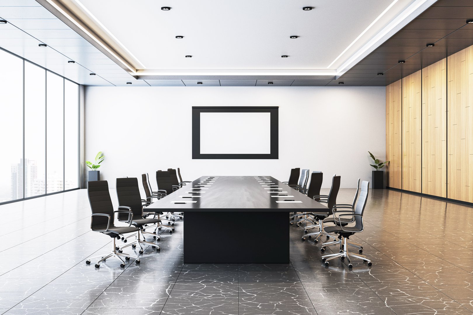 Sleek modern conference room with long black table, ergonomic chairs, wood paneling, and light background, concept of corporate meeting space. 3D Rendering