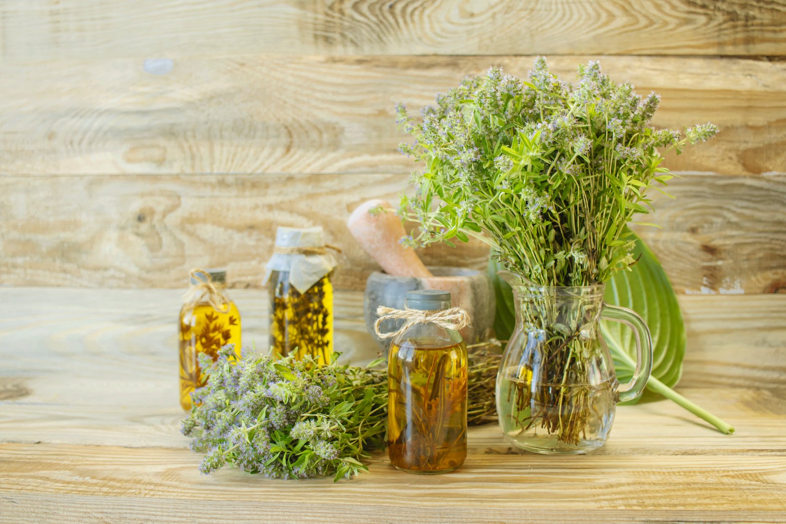 Herbs, spices, tinctures and vegetable oils on a wooden background. Phytotherapy, alternative medicine.