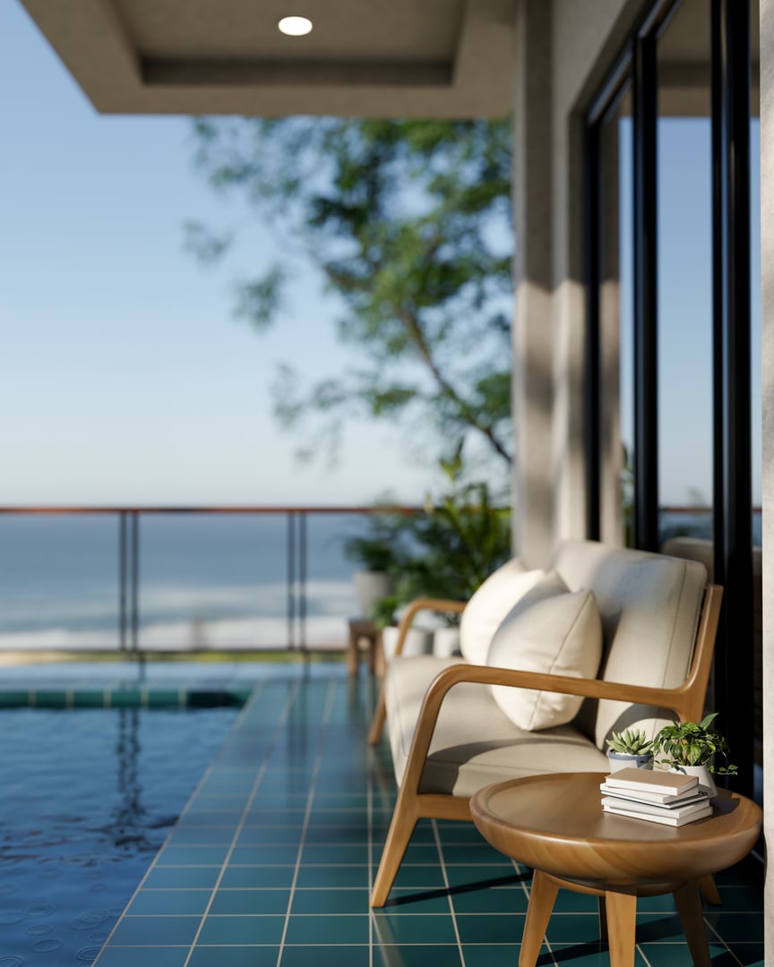 Wooden sofa chair and side table aside outdoor swimming pool with glass partition and panoramic view. Holiday Vacation, 3D Rendering, 3D Illustration.