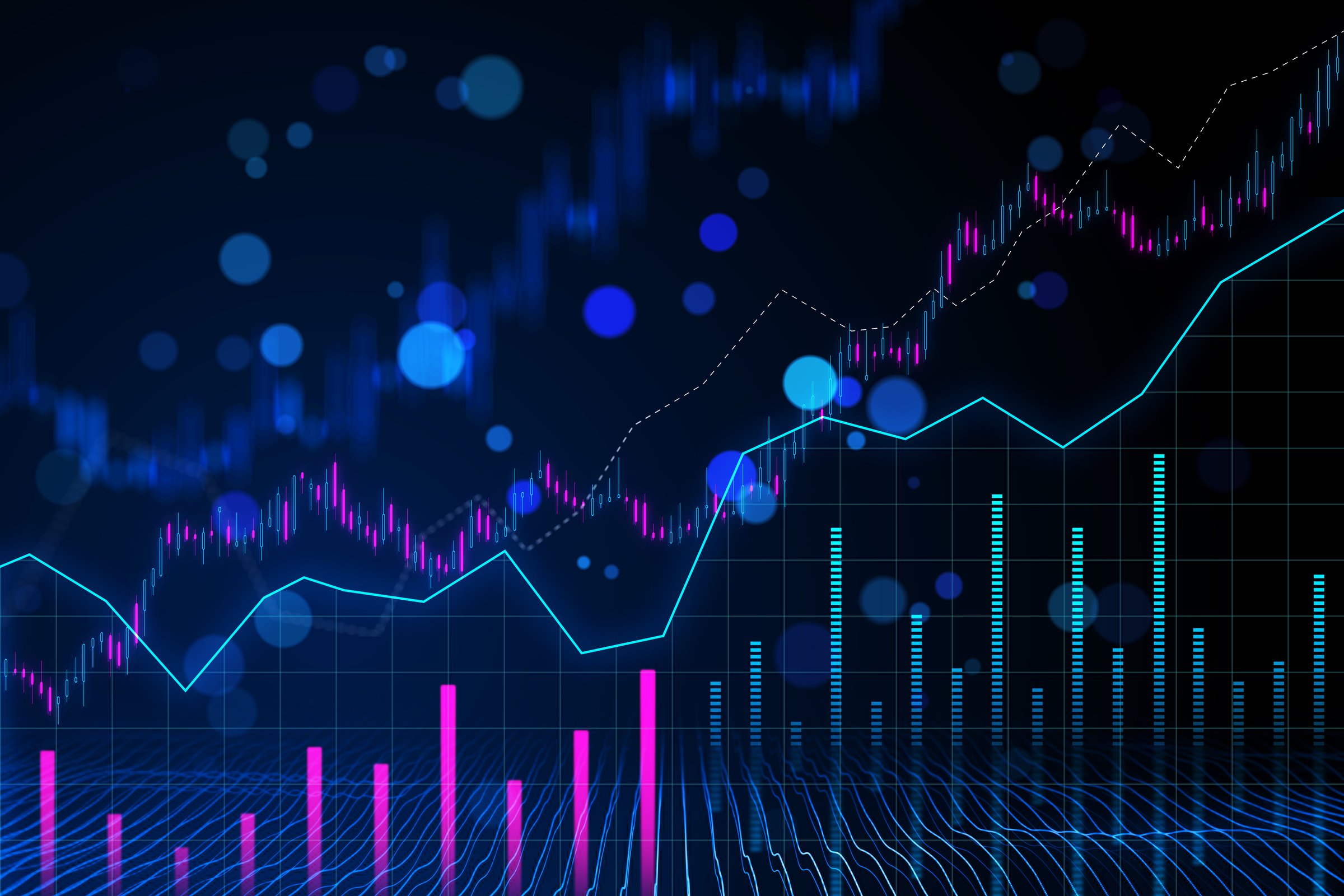Forex market concept with digital graphs and charts on a blue background, visualizing financial trade and investment data. 3D Rendering
