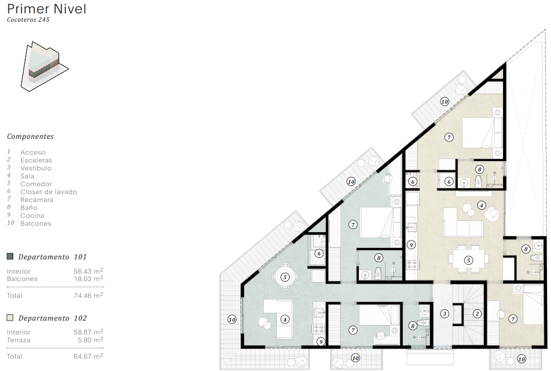 Architectural floor plan of a building's first level with two apartments, detailing rooms and components in Spanish.