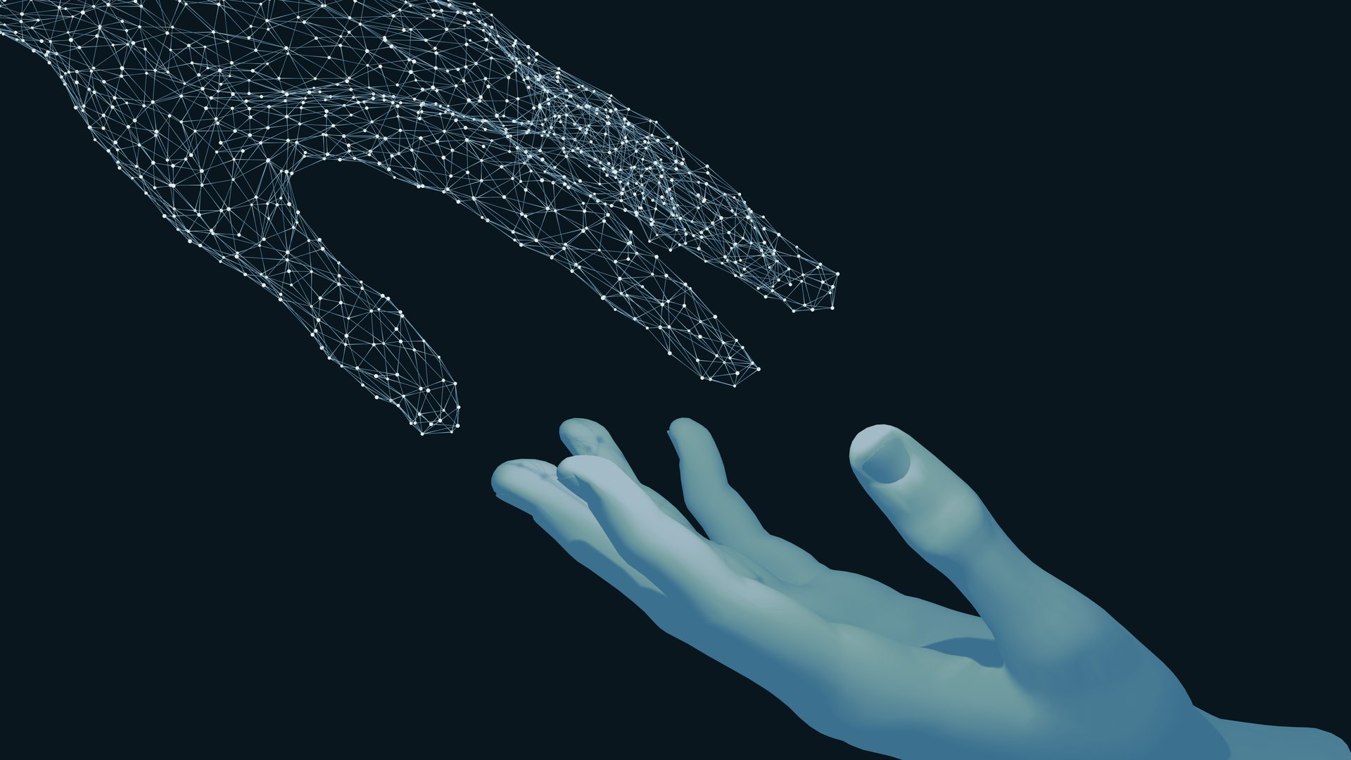 The AI network hand touches the human hand on a dark background. AI tools that helping people. Artificial intelligence technology concept