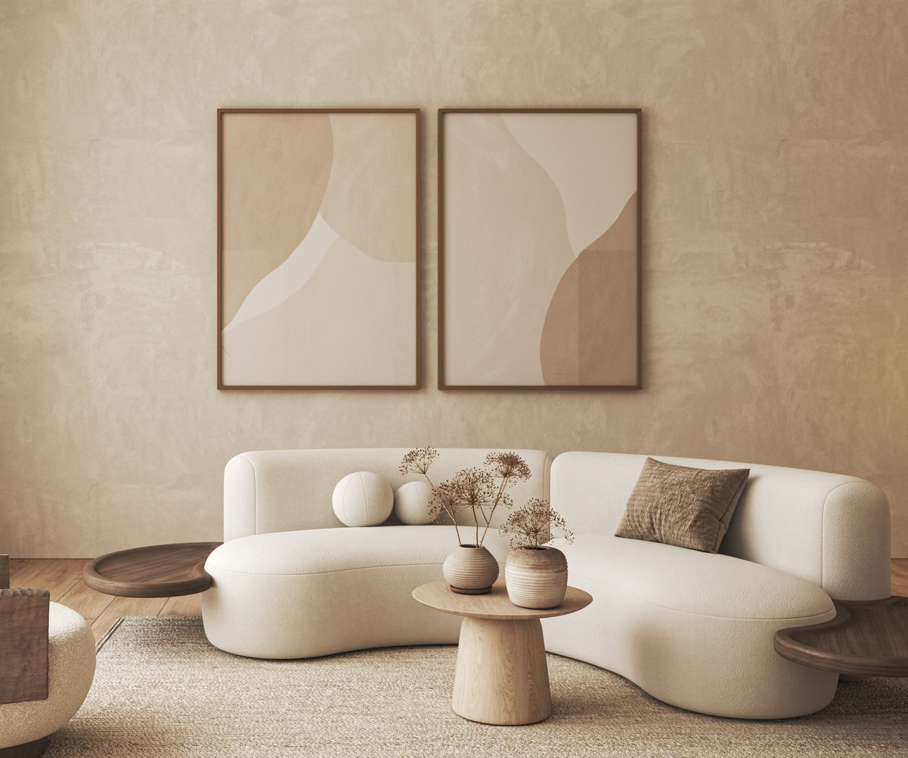 Bohemian livingroom with painting and sofa background. Light modern farmhouse nature interior. 3d rendering. High quality 3d illustration.